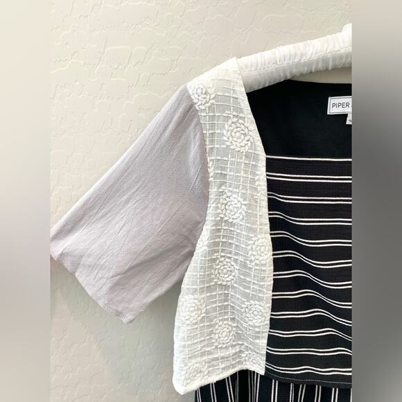 PIPER & SCOOT | Black White Striped Colorblock Midi Dress Modest Boho | Small - Picture 2 of 7